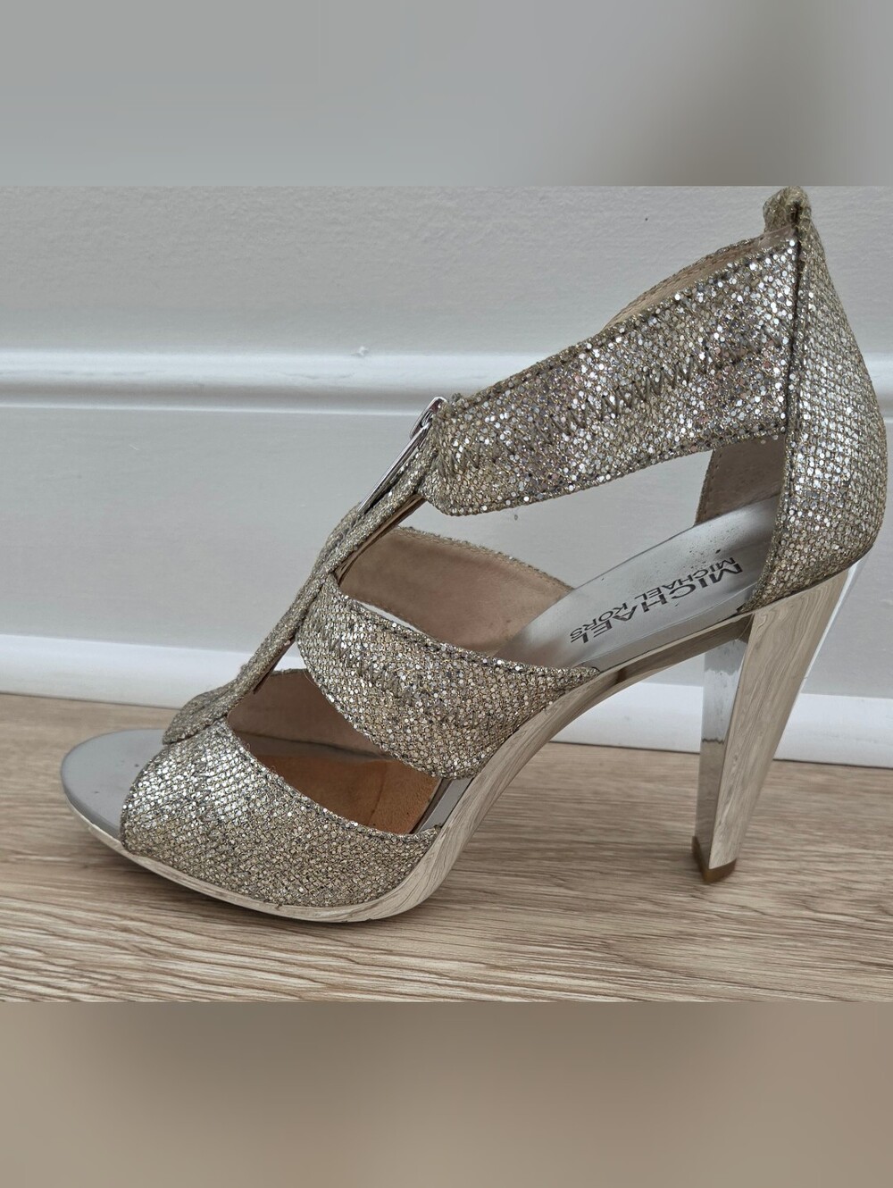 Silver Michael Kors Berkley Strap Glitter High Heel Sandal